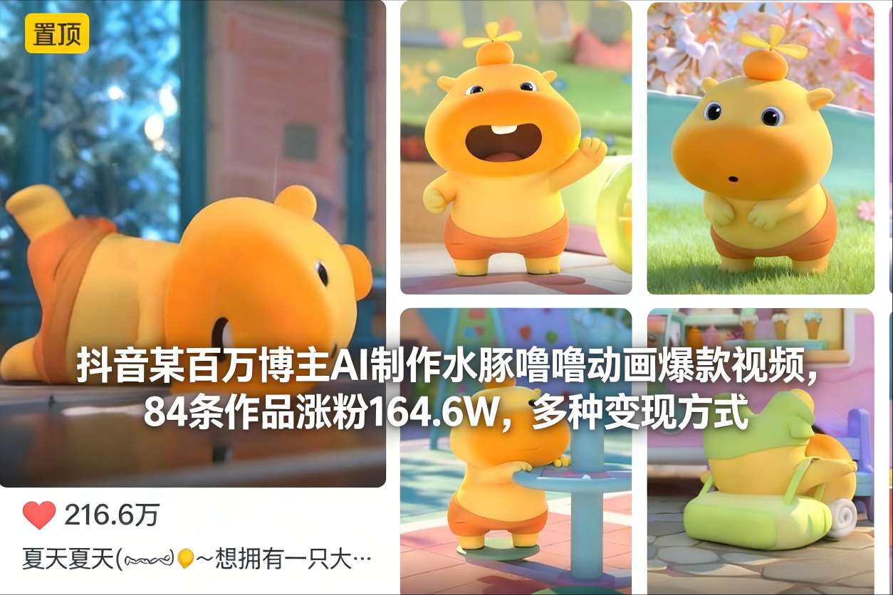 抖音某百万博主AI制作水豚噜噜动画爆款视频，84条作品涨粉164.6W，多种变现方式-HEIXMI（中国站）