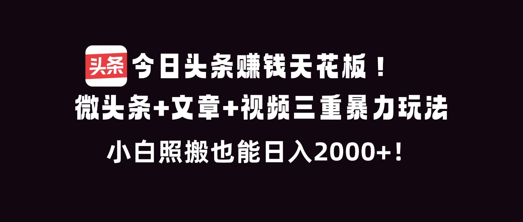 今日头条赚钱天花板！微头条+文章+视频三重暴利玩法，小白照搬也能日人2000+-HEIXMI（中国站）