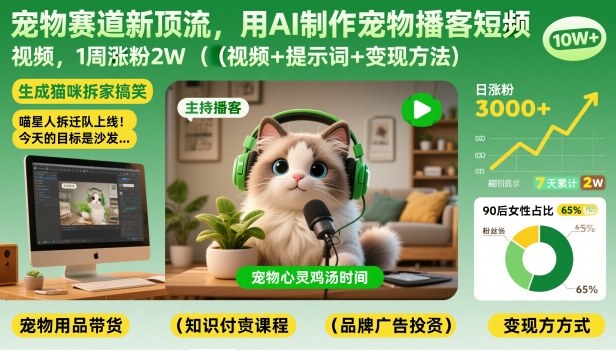 宠物赛道新顶流，用AI制作宠物播客短视频，1周涨粉2W(视频+提示词+变现方法)-HEIXMI（中国站）