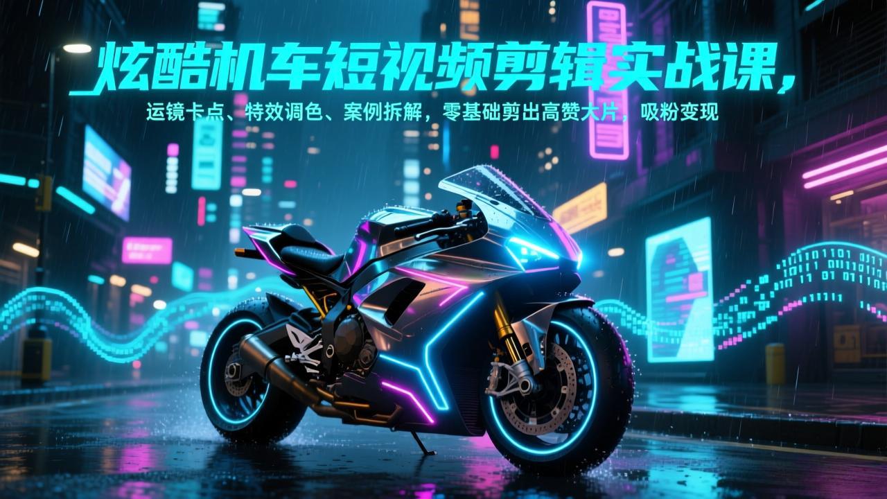 炫酷机车短视频剪辑实战课，运镜卡点、特效调色、案例拆解，零基础剪出高赞大片，吸粉变现-HEIXMI（中国站）