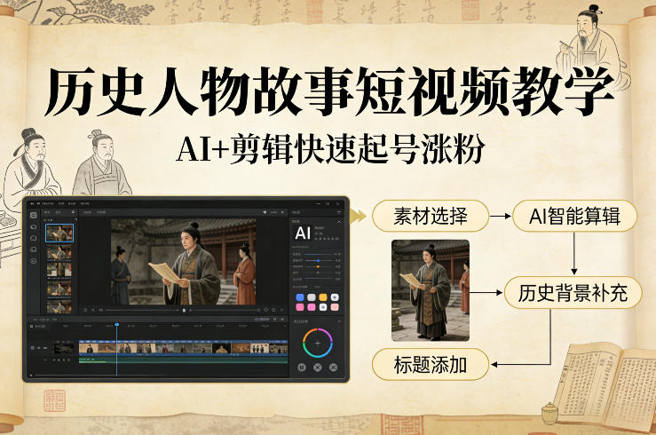 历史人物故事短视频教学，AI+剪辑制作历史人物题材短视频，快速起号涨粉-HEIXMI（中国站）
