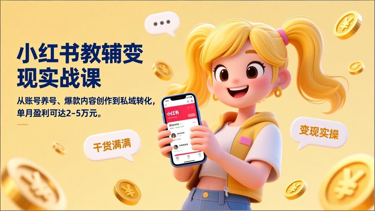 小红书教辅变现实战课，从账号养号、爆款内容创作到私域转化，单月盈利可达2-5万元-HEIXMI（中国站）