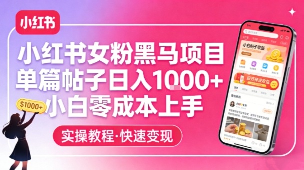 小红书女粉黑马项目，单篇帖子日入1k+，小白零成本上手-HEIXMI（中国站）