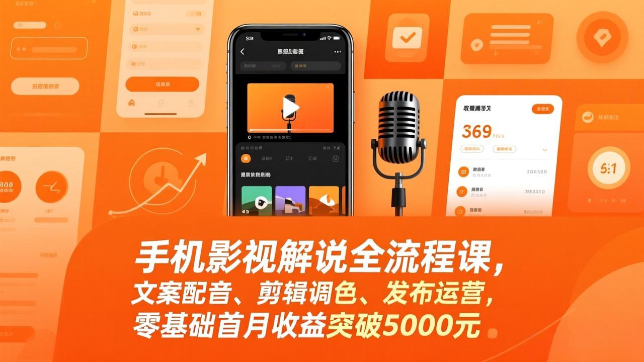 手机影视解说全流程课，文案配音、剪辑调色、发布运营，零基础首月收益突破5000元-HEIXMI（中国站）
