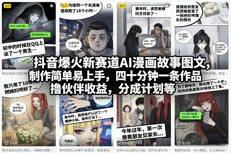 抖音爆火新赛道AI漫画故事图文，制作简单易上手，四十分钟一条作品，撸伙伴收益，分成计划等-HEIXMI（中国站）