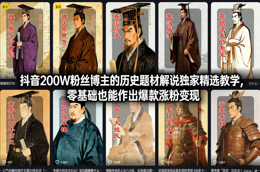 抖音200W粉丝博主的历史题材解说独家精选教学，零基础也能作出爆款涨粉变现-HEIXMI（中国站）