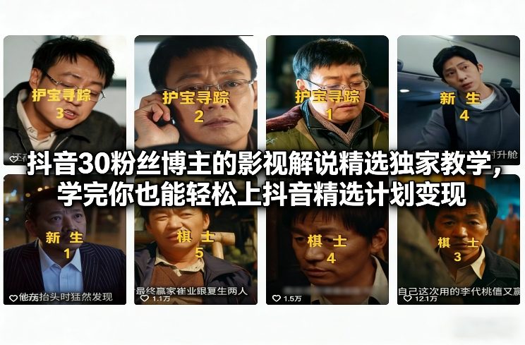 抖音30粉丝博主的影视解说精选独家教学，学完你也能轻松上抖音精选计划变现-HEIXMI（中国站）