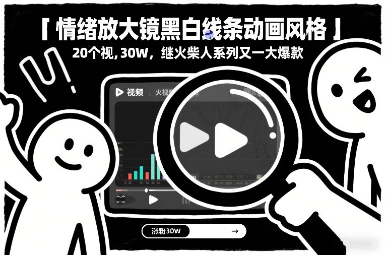 情绪放大镜黑白线条动画风格，20个视频，涨粉30W，继火柴人系列又一大爆款-HEIXMI（中国站）