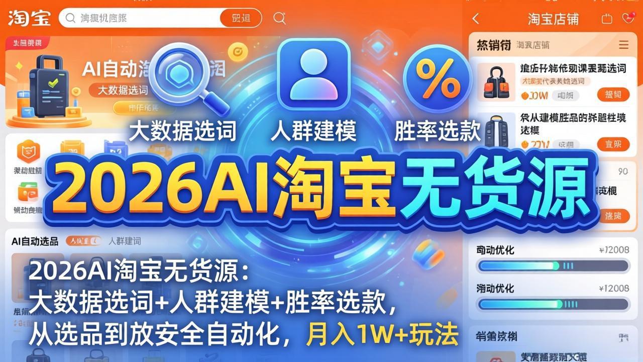 2026AI淘宝无货源：大数据选词+人群建模+胜率选款，从选品到放大全自动化，月入1W+玩法-HEIXMI（中国站）