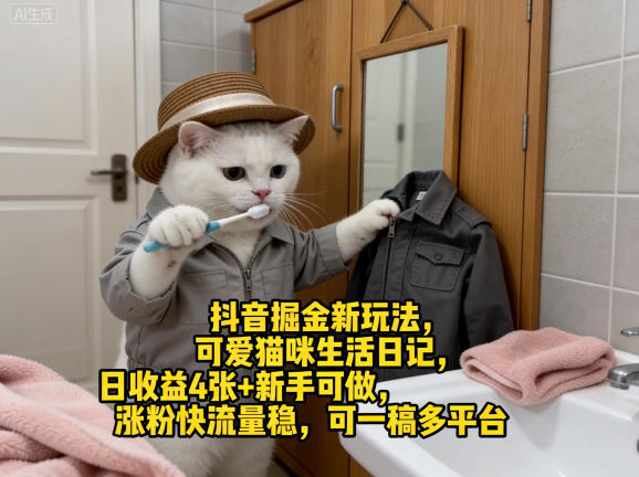 抖音掘金新玩法，可爱猫咪生活日记，日收益4张+新手可做，涨粉快流量稳，可一稿多平台-HEIXMI（中国站）