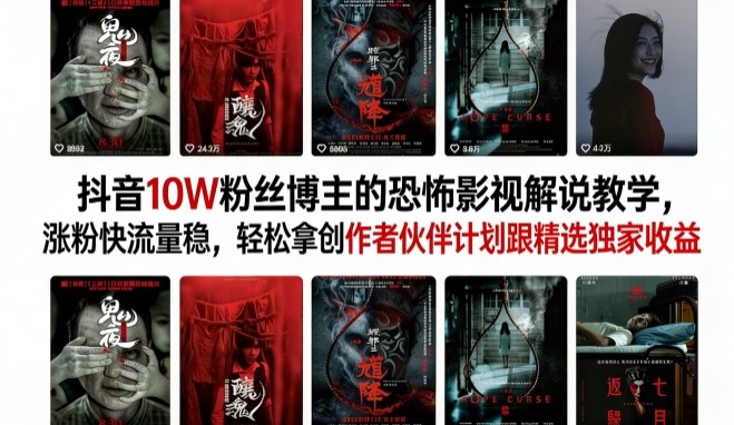 抖音10W粉丝博主的恐怖影视解说教学，涨粉快流量稳，轻松拿创作者伙伴计划跟精选独家收益-HEIXMI（中国站）