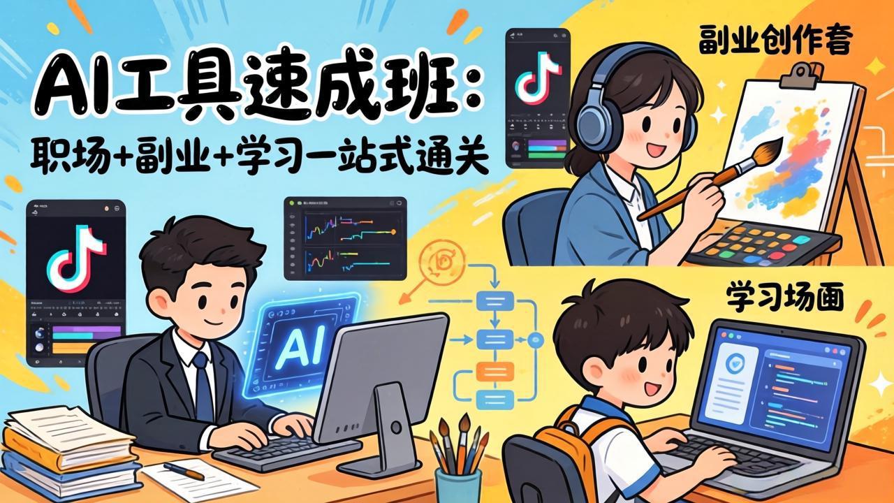 AI工具速成班：职场+副业+学习一站式通关，20+爆款类型+剪映技巧+抖音算法，0基础快速上手-HEIXMI（中国站）