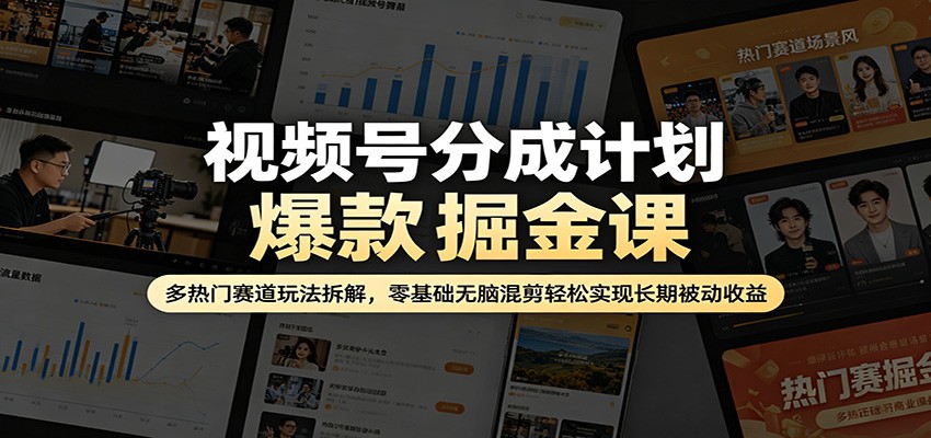 视频号分成计划爆款掘金课：多热门赛道玩法拆解，零基础无脑混剪轻松实现长期被动收益-HEIXMI（中国站）