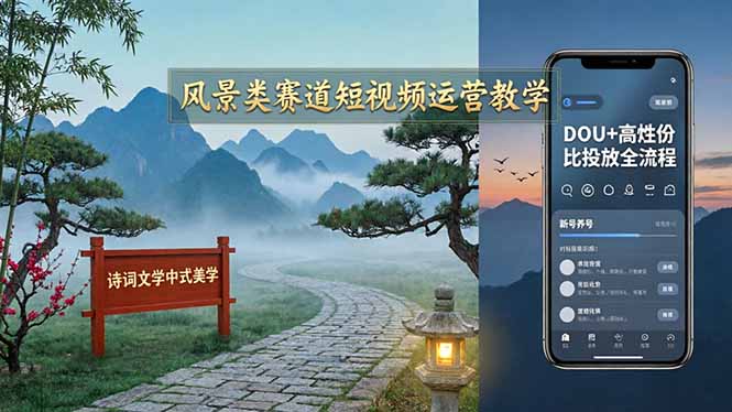 风景类赛道短视频运营教学：诗词文学中式美学，新号养号对标账号定位，DOU+高性价比投放全流程-HEIXMI（中国站）