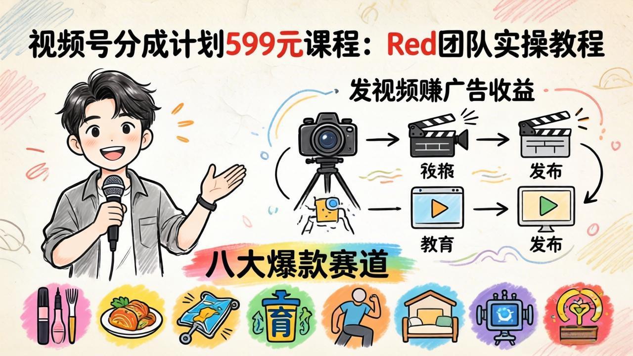 视频号分成计划599元课程：Red团队实操教程，发视频赚广告收益，八大爆款赛道全掌握-HEIXMI（中国站）