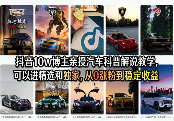 抖音10w博主亲授汽车科普解说教学，可以进精选和独家，从0涨粉到稳定收益(详细视频课程+1T素材)-HEIXMI（中国站）