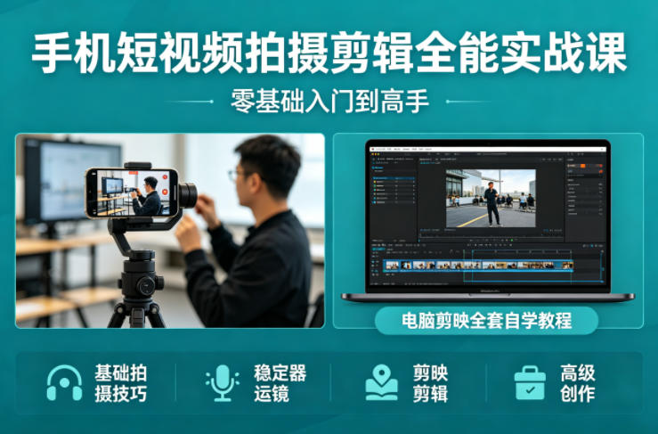 手机短视频拍摄剪辑全能实战课：零基础入门到高手，稳定器运镜+电脑剪映全套自学教程-HEIXMI（中国站）