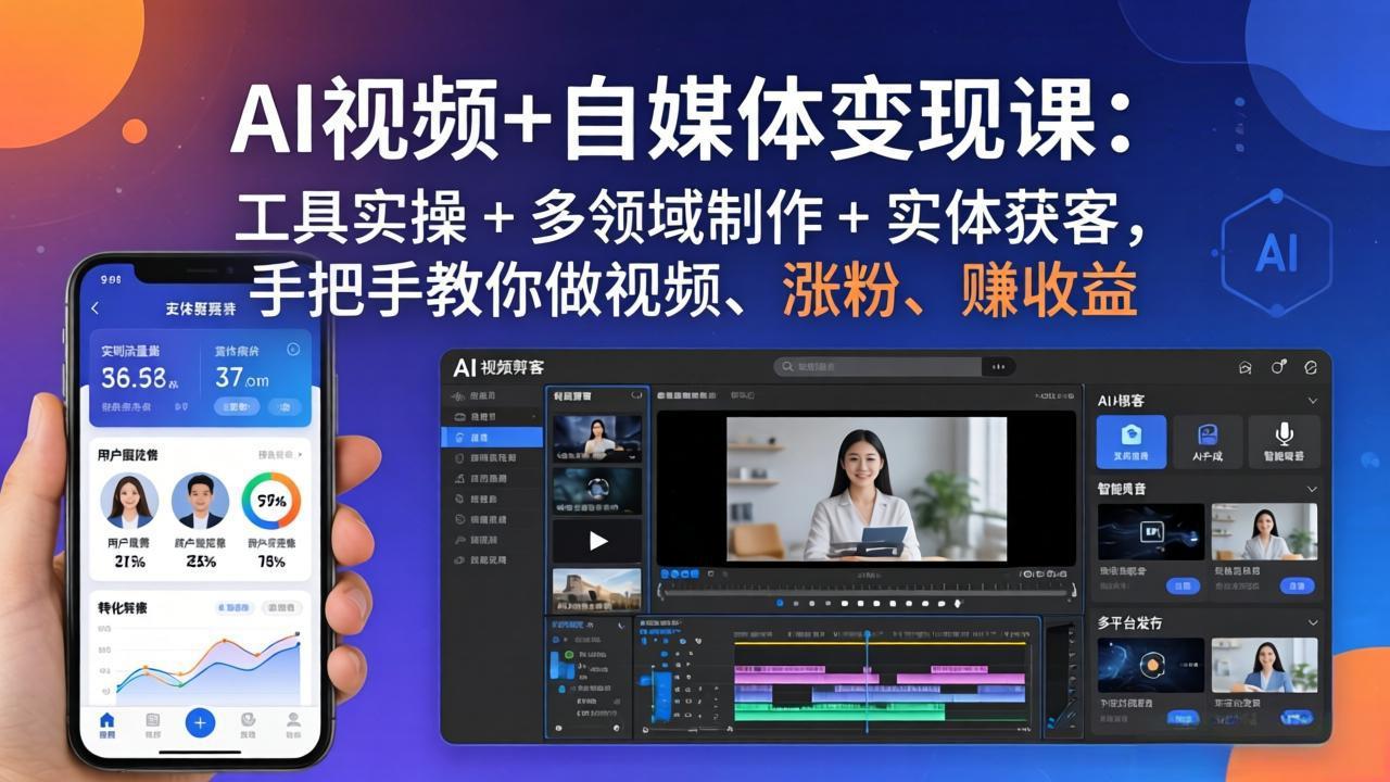 AI视频+自媒体变现课：工具实操 + 多领域制作 + 实体获客，手把手教你做视频、涨粉、赚收益-HEIXMI（中国站）