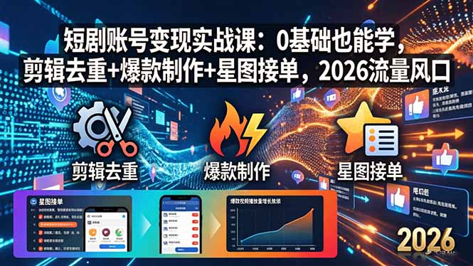 短剧账号变现实战课：0基础也能学，剪辑去重+爆款制作+星图接单，2026流量风口-HEIXMI（中国站）