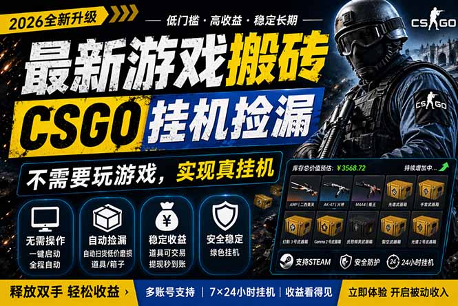 最新游戏搬砖，CSGO纯挂机，不需要玩游戏，实现真挂机，月入1W+，五一小高峰上车可吃肉，...-HEIXMI（中国站）