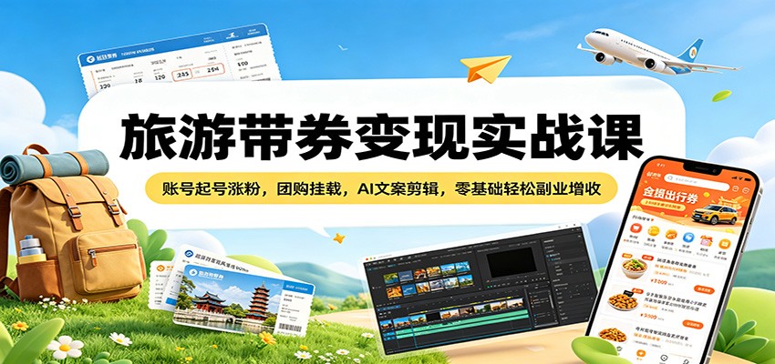 旅游带券变现实战课：账号起号涨粉，团购挂载，AI文案剪辑，零基础轻松副业增收-HEIXMI（中国站）