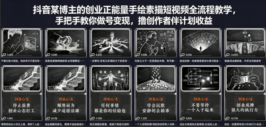 抖音某博主的创业正能量手绘素描短视频全流程教学，手把手教你做号变现，撸创作者伙伴计划收益-HEIXMI（中国站）