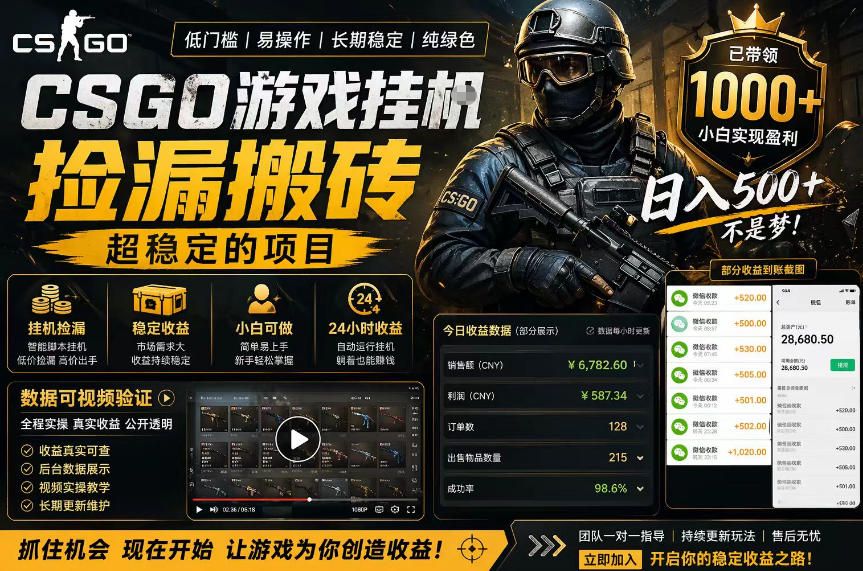 CSGO游戏搬砖，全自动挂G，不需要玩游戏，手机操作日入300+，解放双手【揭秘】-HEIXMI（中国站）