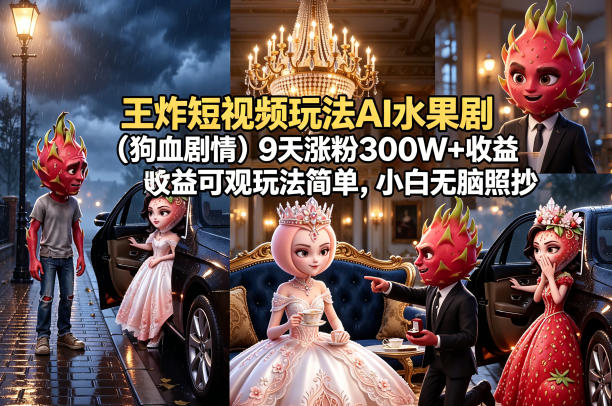 王炸短视频玩法AI水果剧(狗血剧情)9天涨粉300W+收益可观玩法简单，小白无脑照抄，详细拆解玩法-HEIXMI（中国站）