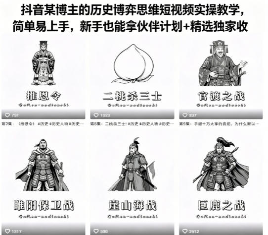 抖音某博主的历史博弈思维短视频实操教学，简单易上手，新手也能拿伙伴计划+精选独家收益-HEIXMI（中国站）