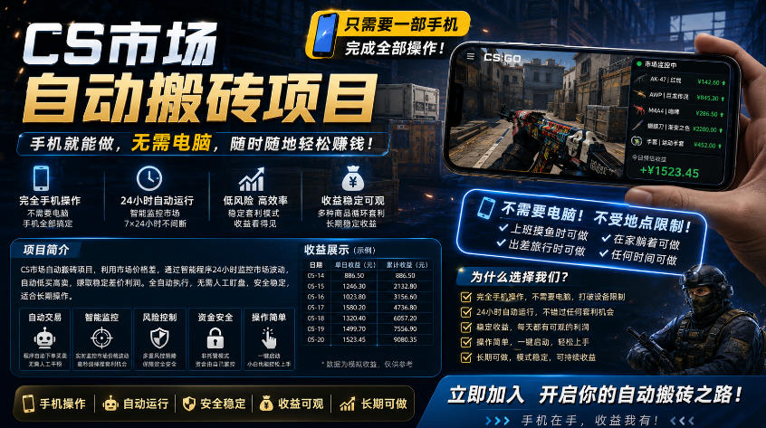 手机即可操作的CS市场自动搬砖系统｜自动监控｜自动下单|日入300+【揭秘】-HEIXMI（中国站）