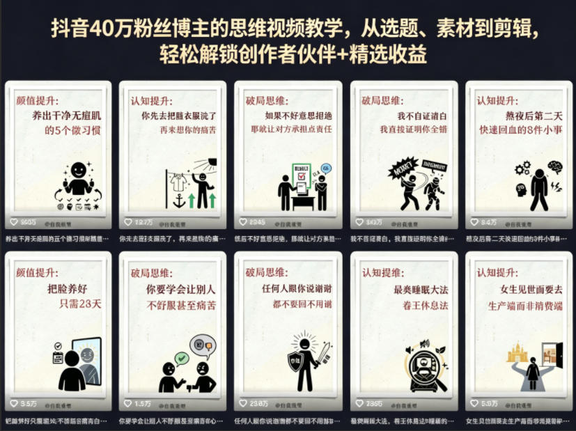 抖音40W粉丝博主的思维视频教学，从选题、素材到剪辑，轻松解锁创作者伙伴+精选收益-HEIXMI（中国站）