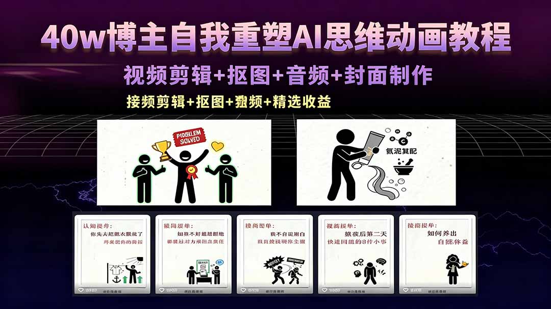 40w博主自我重塑AI思维动画教程，视频剪辑+抠图+音频+封面制作，接商单+独家精选收益-HEIXMI（中国站）