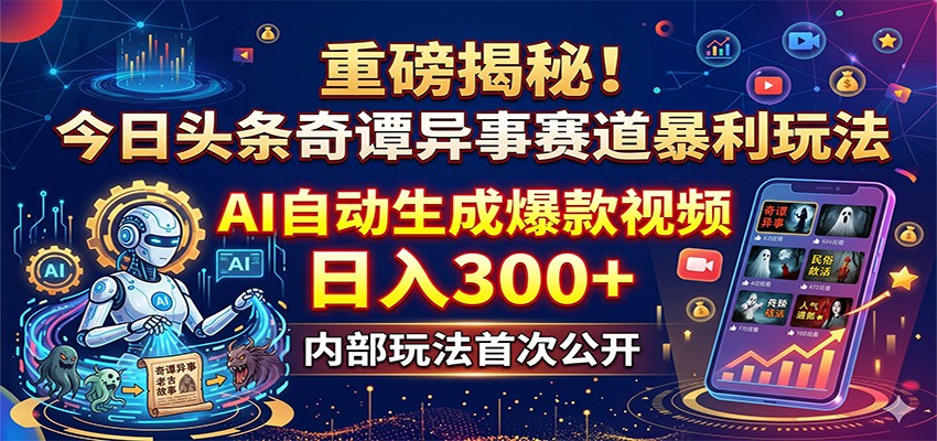 重磅揭秘！今日头条奇谭异事赛道暴利玩法：AI自动生成爆款视频，日入300+-HEIXMI（中国站）