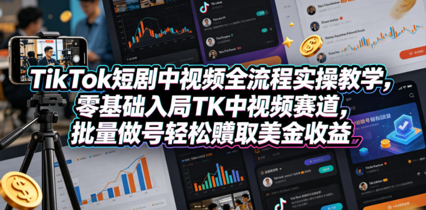 TikTok短剧中视频全流程实操教学，零基础入局TK中视频赛道，批量做号轻松賺取美金收益-HEIXMI（中国站）