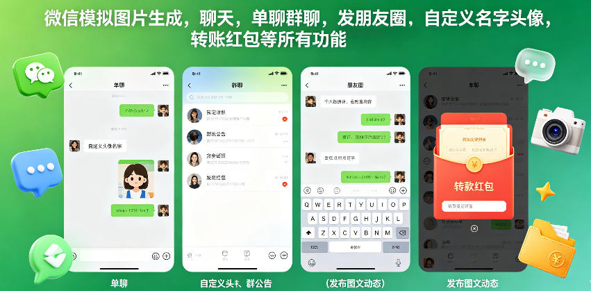 微信模拟图片生成，聊天，单聊群聊，发朋友圈，自定义名字头像，转账红包等所有功能都可以生成-HEIXMI（中国站）
