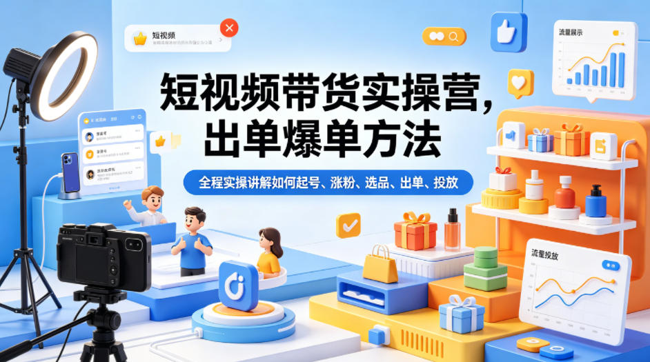 短视频带货实操营，出单爆单方法，全程实操讲解如何起号、涨粉、选品、出单、投放(更新0515)-HEIXMI（中国站）