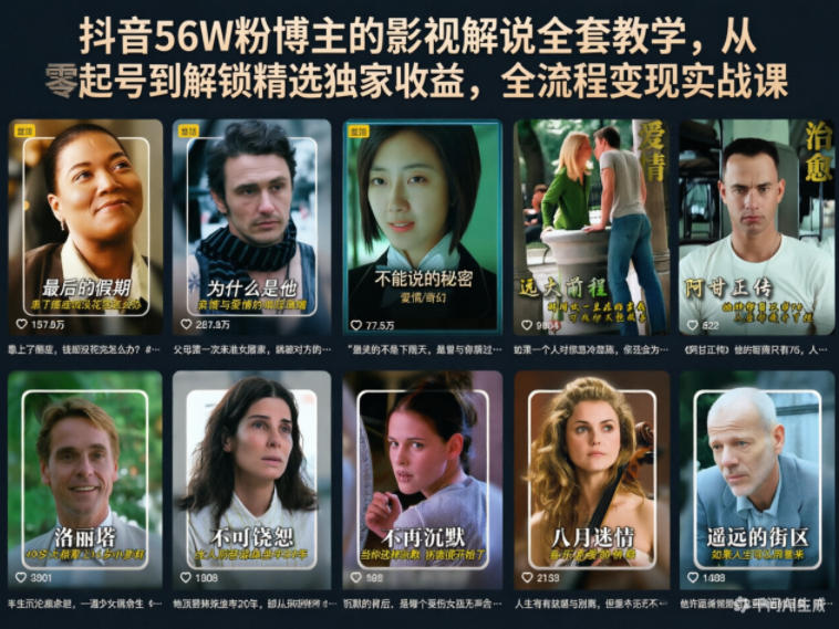 抖音56W粉博主的影视解说全套教学，从零起号到解锁精选独家收益，全流程变现实战课-HEIXMI（中国站）
