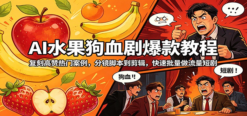AI水果狗血剧爆款教程：复刻高赞热门案例，分镜脚本到剪辑，快速批量做流量短剧-HEIXMI（中国站）