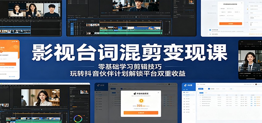 影视台词混剪变现课：零基础学习剪辑技巧，玩转抖音伙伴计划解锁平台双重收益-HEIXMI（中国站）