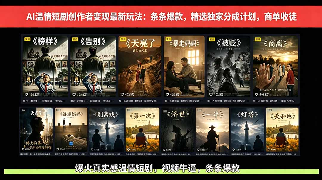 AI温情短剧创作者变现最新玩法：视频牛逼，条条爆款，精选独家分成计划，商单收徒-HEIXMI（中国站）