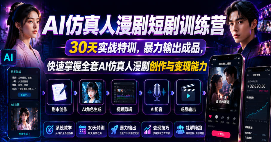 AI仿真人漫剧短剧训练营，30天实战特训，暴力输出成品，快速掌握全套AI仿真人漫剧创作与变现能力-HEIXMI（中国站）