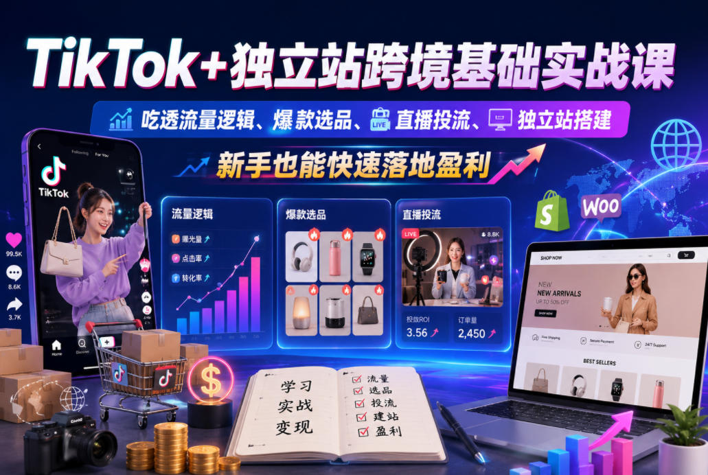 TikTok+独立站跨境基础实战课，吃透流量逻辑、爆款选品、直播投流与独立站搭建，新手也能快速落地盈利-HEIXMI（中国站）