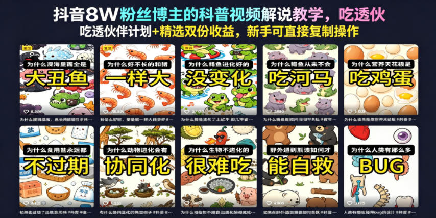 抖音8W粉丝博主的科普视频解说教学，吃透伙伴计划+精选双份收益，新手可直接复制操作-HEIXMI（中国站）
