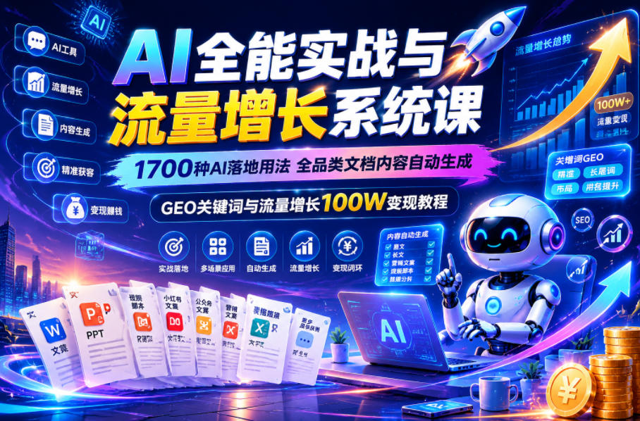 AI全能实战与流量增长系统课，1700种AI落地用法，全品类文档内容自动生成，GEO关键词与流量增长100W变现教程-HEIXMI（中国站）