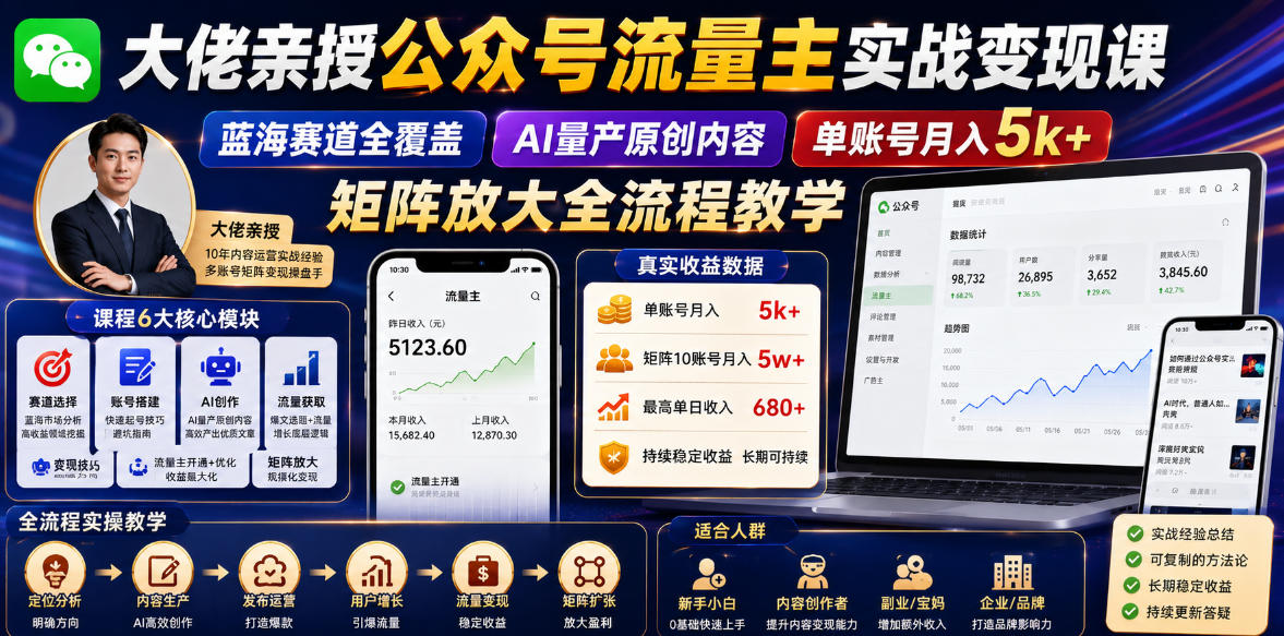 大佬亲授公众号流量主实战变现课，蓝海赛道全覆盖，AI量产原创内容，单账号月入5k+矩阵放大全流程教学-HEIXMI（中国站）