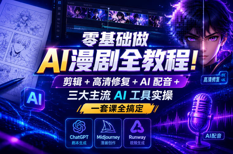 零基础做AI漫剧全教程！剪辑+高清修复+AI配音+三大主流AI工具实操，一套课全搞定-HEIXMI（中国站）