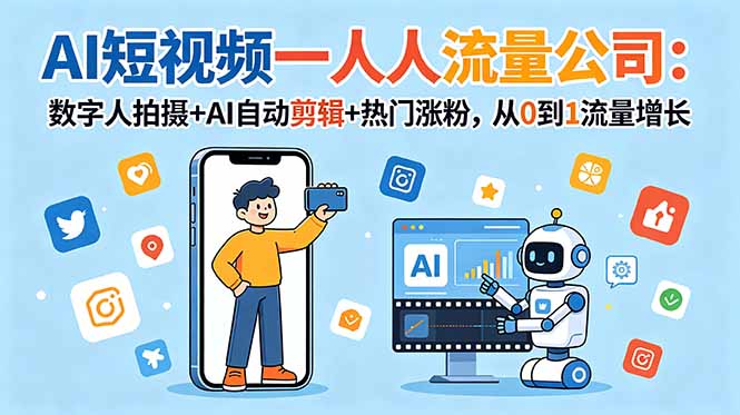 AI短视频一人流量公司：数字人拍摄+AI自动剪辑+热门涨粉，从0到1流量增长-HEIXMI（中国站）