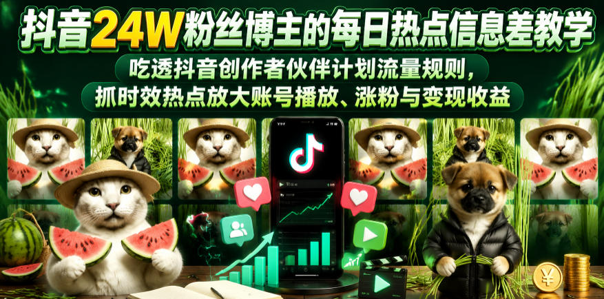 抖音24W粉丝博主的每日热点信息差教学，吃透创作者伙伴计划流量规则，抓时效热点放大账号播放、涨粉与变现收益(更新)-HEIXMI（中国站）