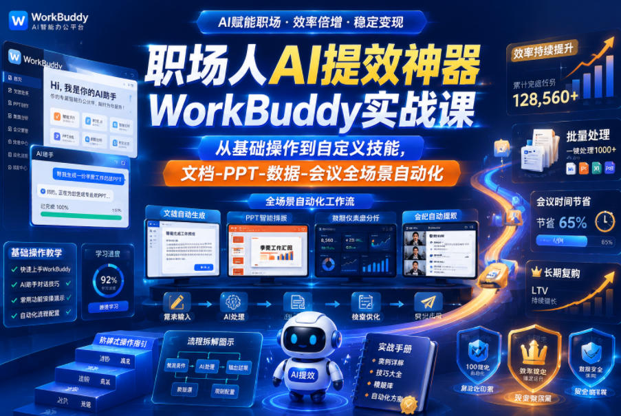 职场人AI提效神器WorkBuddy实战课，从基础操作到自定义技能，文档-PPT-数据-会议全场景自动化-HEIXMI（中国站）