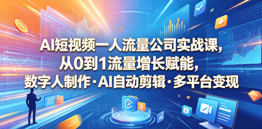 AI短视频一人流量公司实战课，从0到1流量增长赋能，数字人制作・AI自动剪辑・多平台变现，一人做流量生意全落地教程-HEIXMI（中国站）